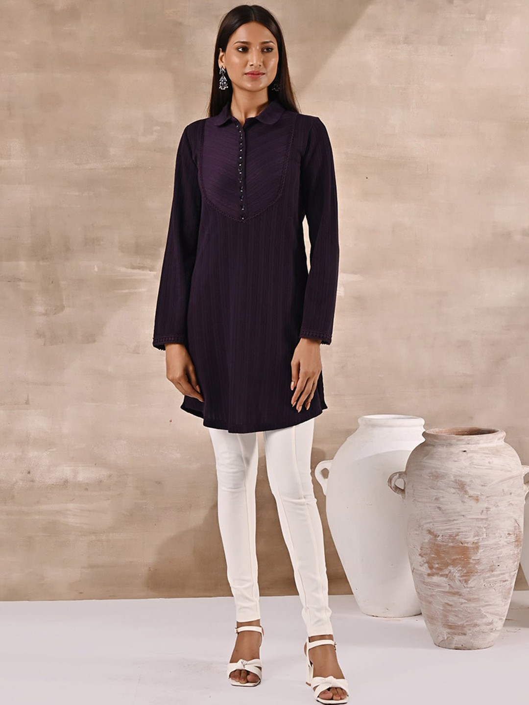 Buy Lakshita Wool Woven Design Straight Regular Shirt Collar Kurti