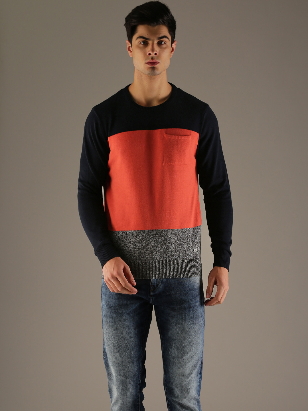 Buy Flying Machine Men Navy Blue & Orange Colourblocked Pullover - Sweaters for Men 2188030 | Myntra