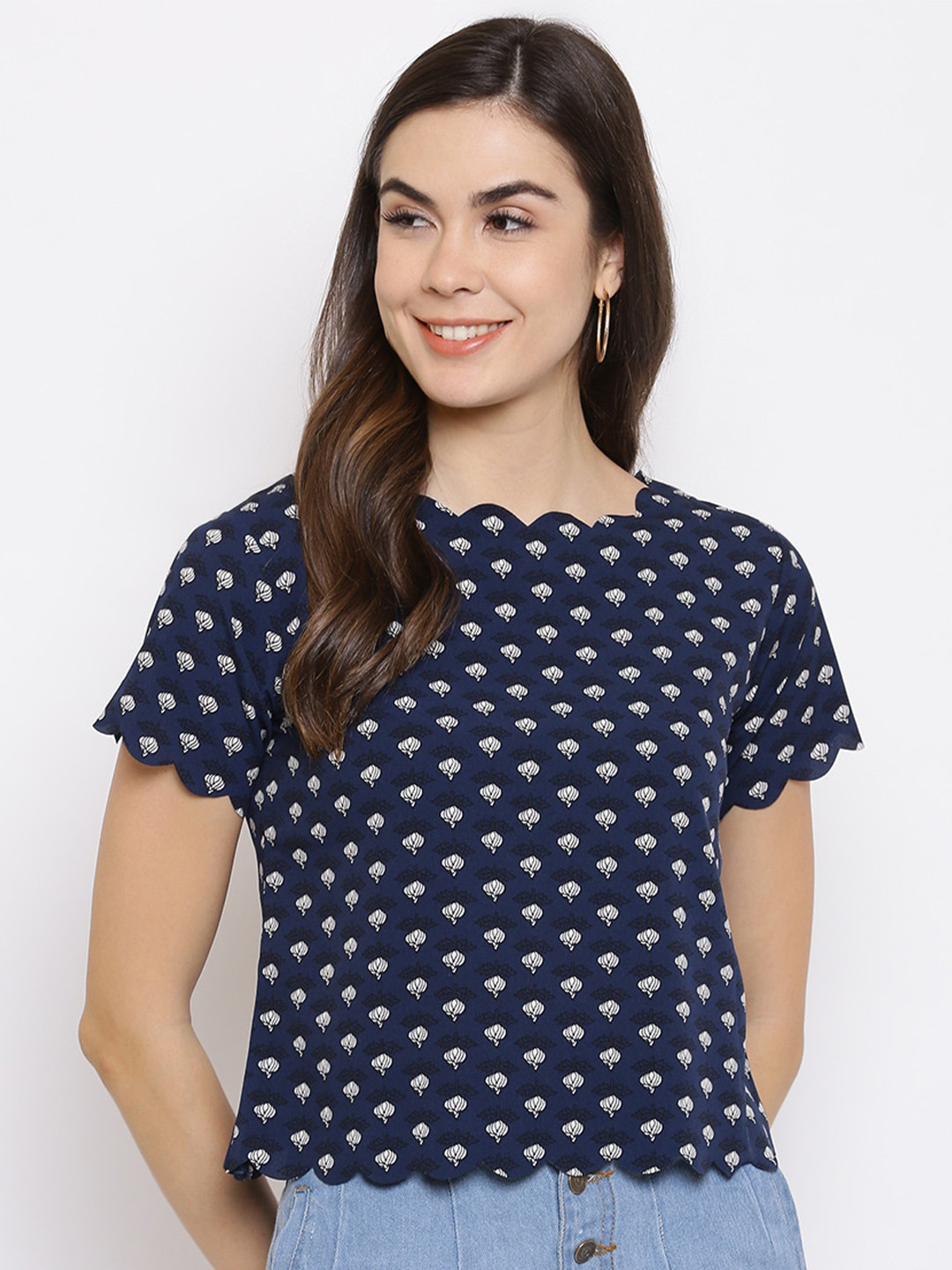White & Blue Floral Printed Top With Round Neck & Flared Sleeves main image 1