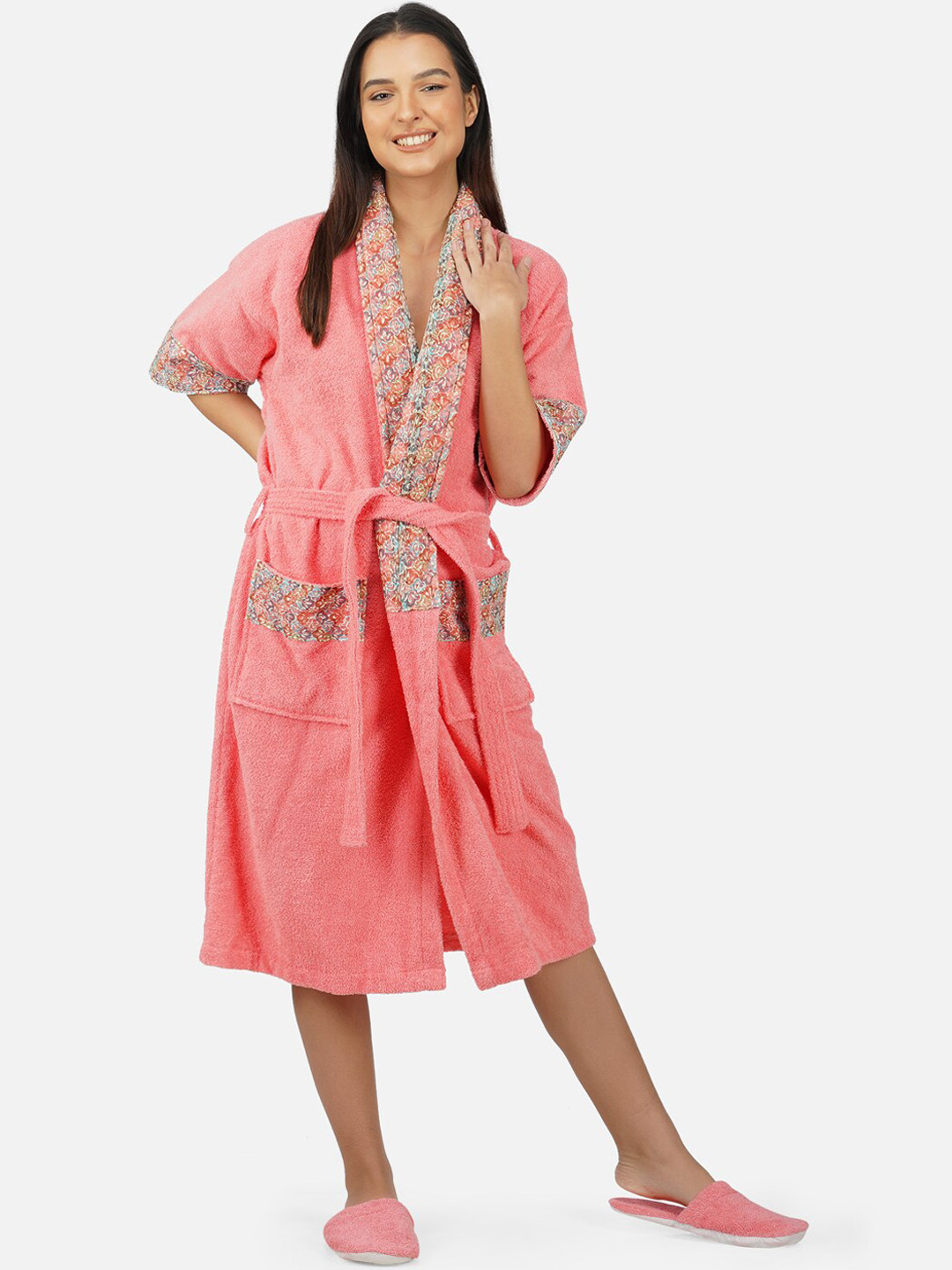 Buy RANGOLI Printed 500 GSM Pure Cotton Bath Robe With Room Slippers