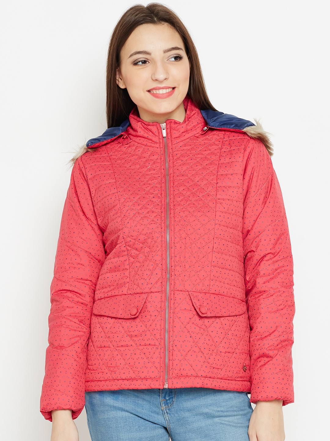 Buy Monte Carlo Women Pink Printed Parka Jacket With Detachable Hood - Jackets for Women 2189024