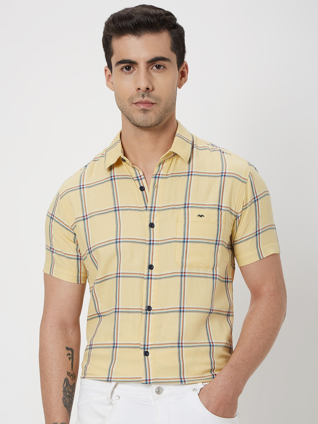 Men's Grey Slim Fit Tartan Checked Cotton Casual Shirt