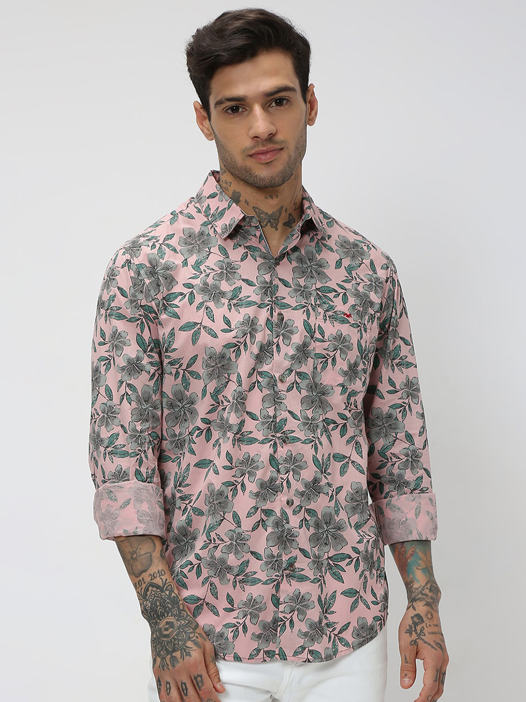 Men's Blue Slim Fit Floral Printed Short Sleeves Cotton Twill Casual Shirt main image 0