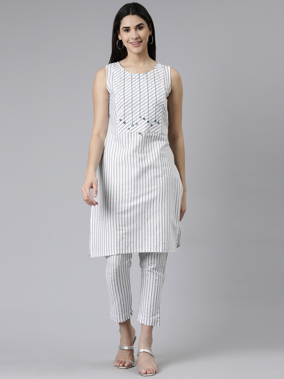 Women White Mirror Embroidered Kurta With Pants