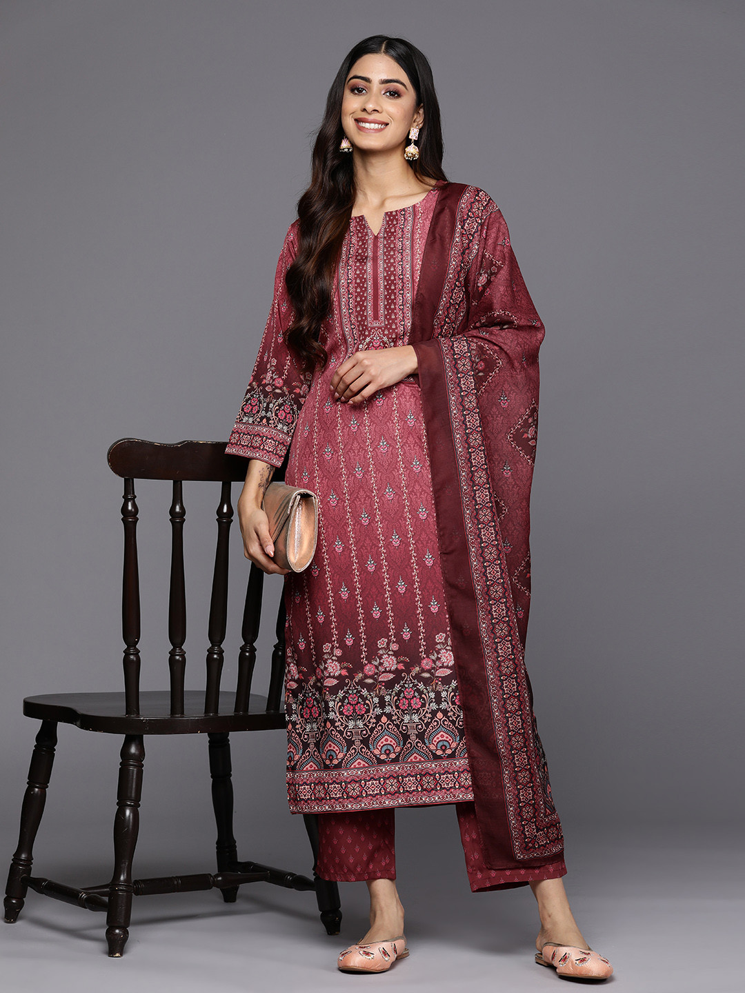 Women Maroon Floral Straight Kurta With Pencil Pants & Dupatta