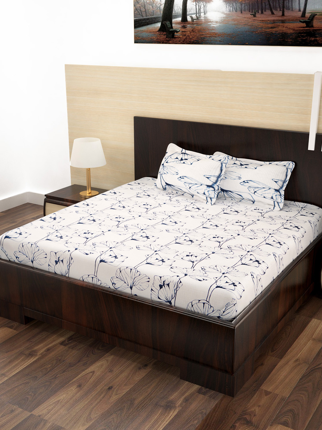 Buy Storyhome White Navy Blue Printed Cotton 186TC 1 Double Bedsheet