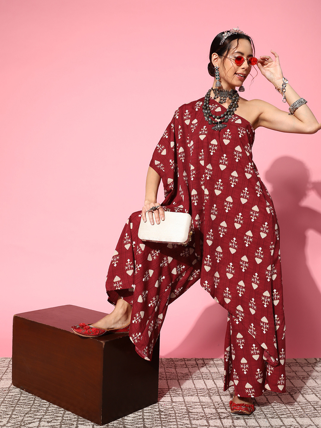 Solid One Shoulder Kurta with Palazzo, Indo-Western Fusion Wear
