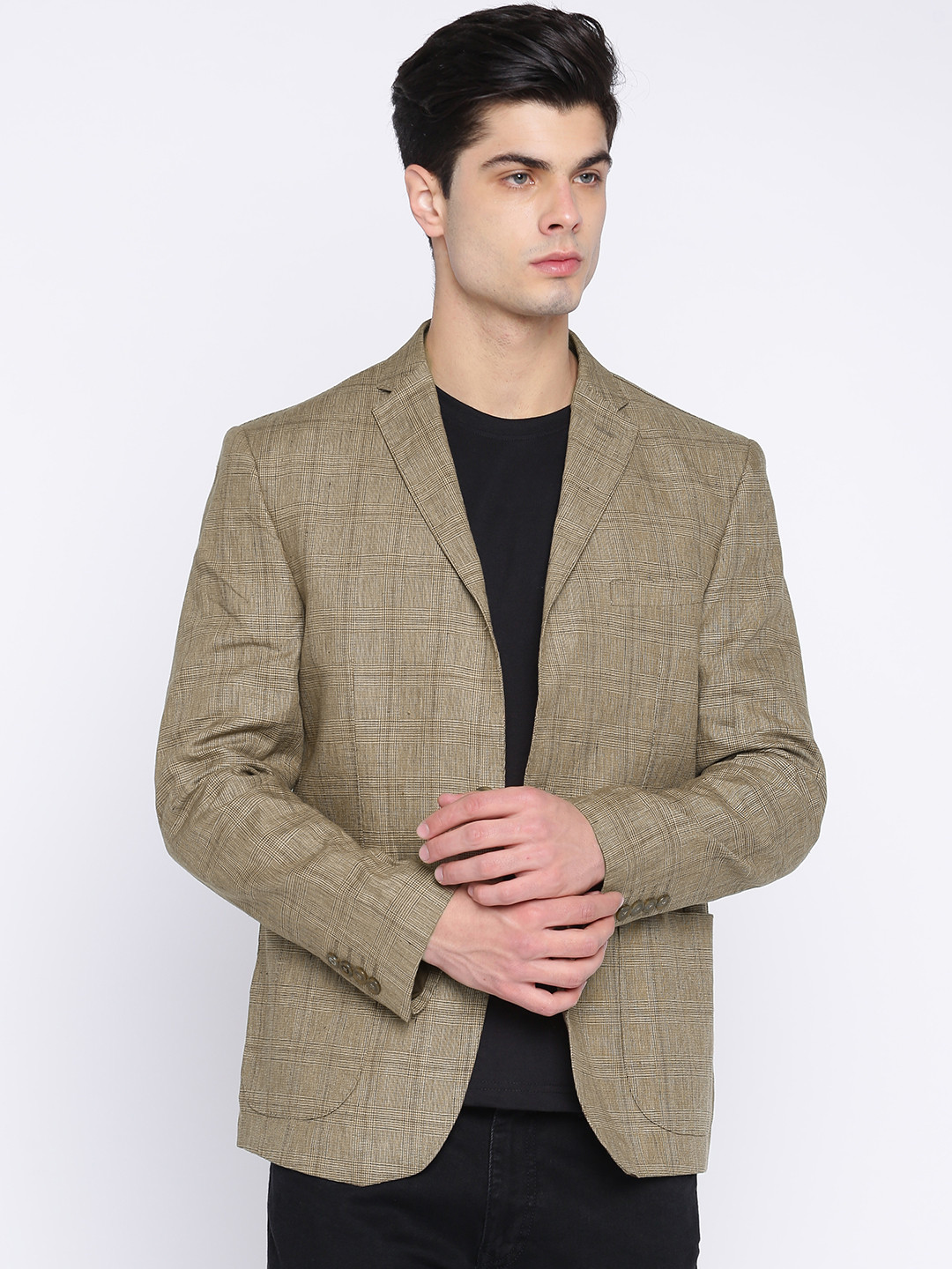 Buy Peter England Casuals Brown Checked Linen Regular Fit Single