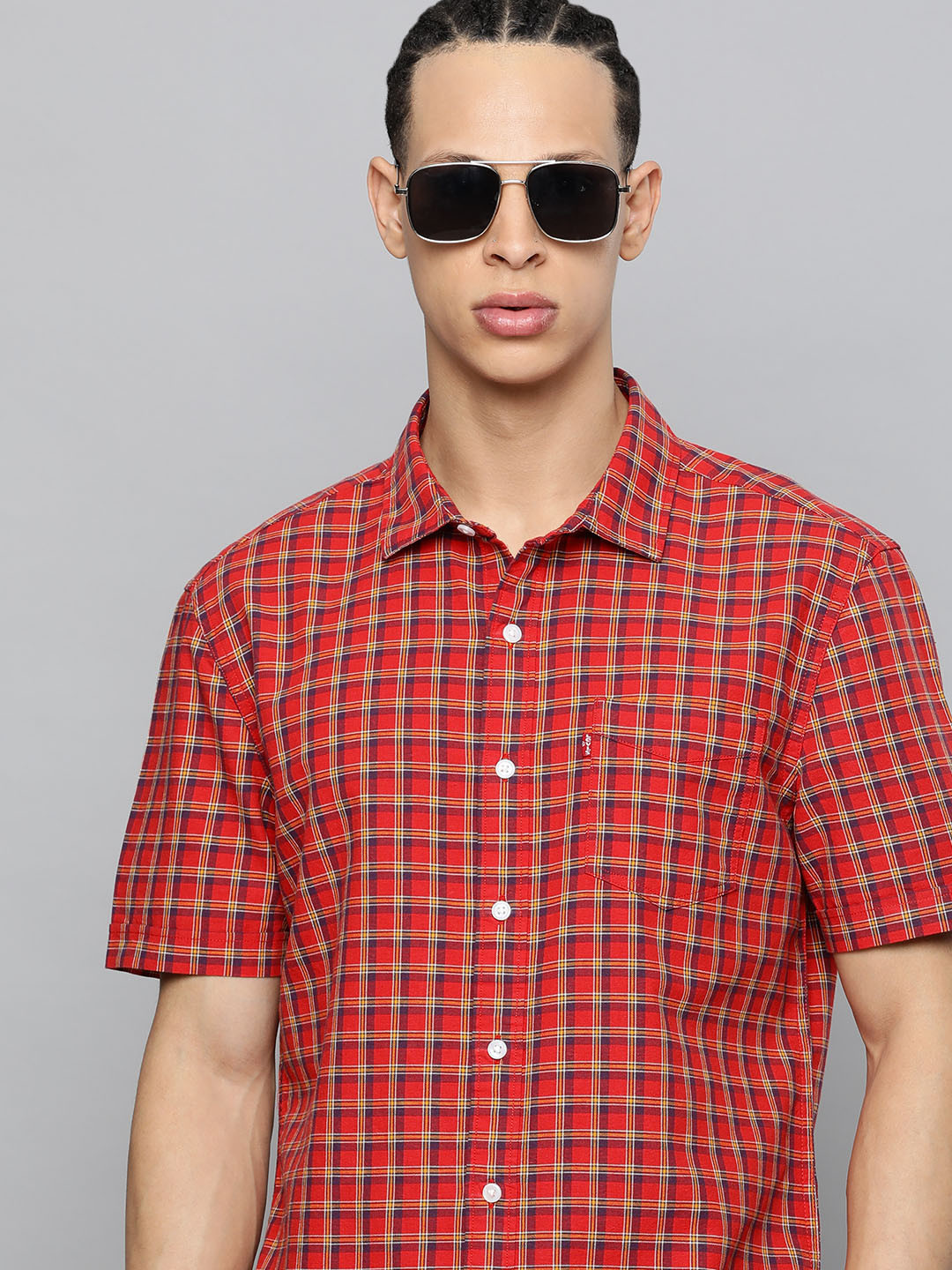 Men's Navy Blue Standard Slim Fit Tartan Checks Opaque Checked Cotton Casual Shirt