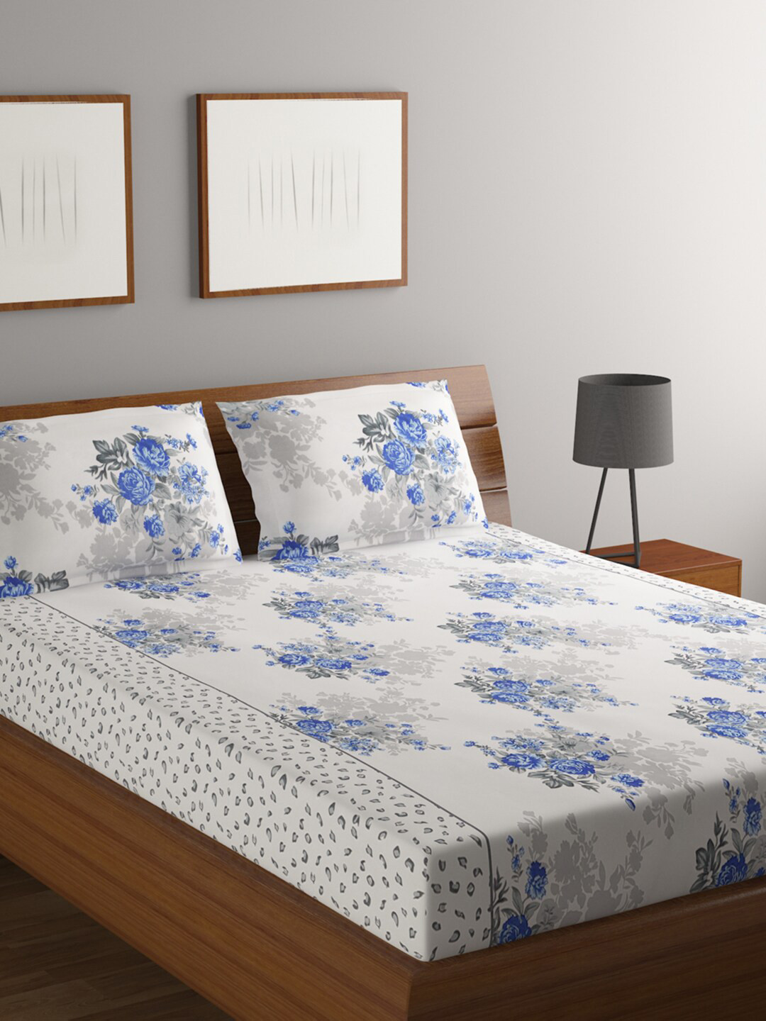 Buy BOMBAY DYEING White & Blue Floral 164 TC Flat Queen Bedsheet With 2