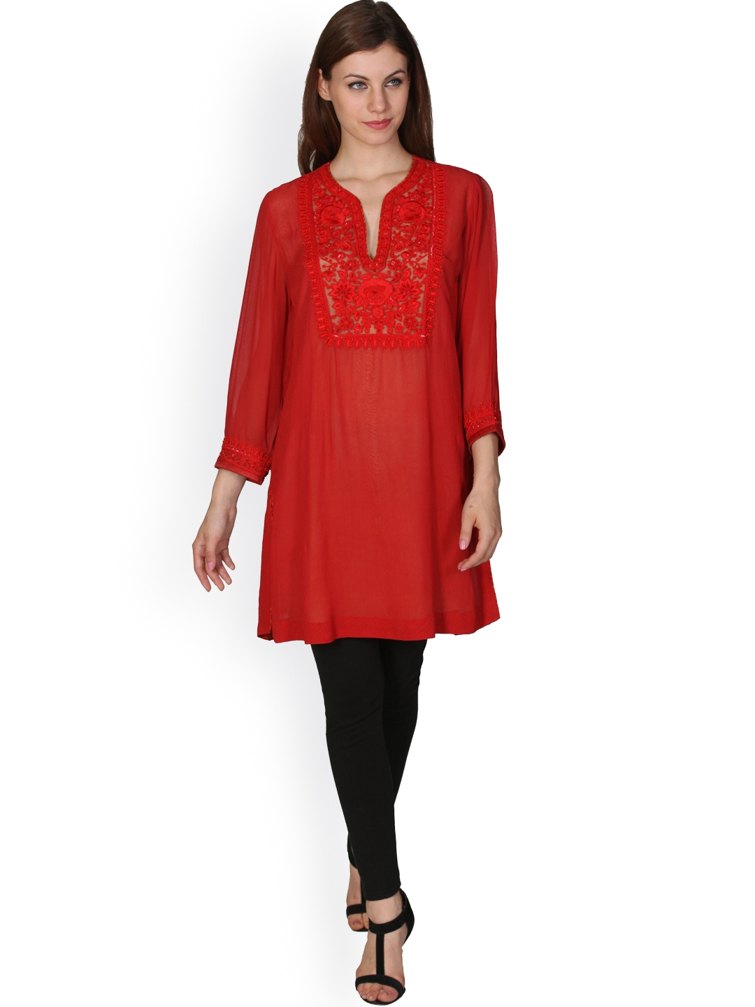 Buy Ritu Kumar Women Red Embroidered A Line Kurta - Kurtas for Women ...