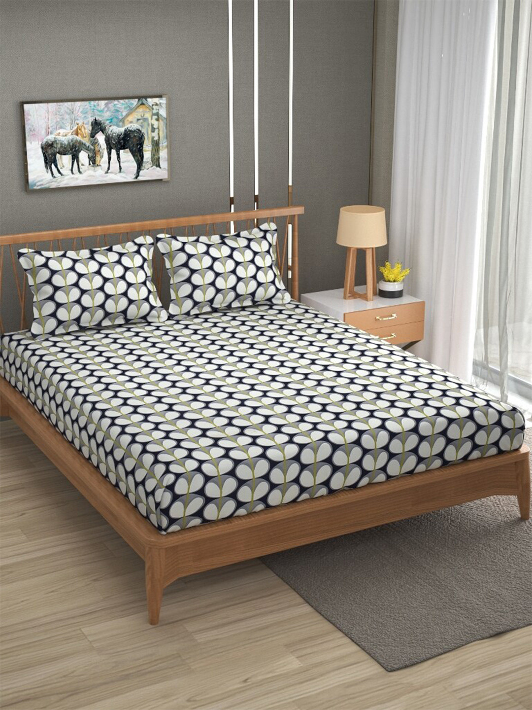 Buy ATRAENTA White & Navy Blue 210 TC Fitted Queen Bedsheet With 2