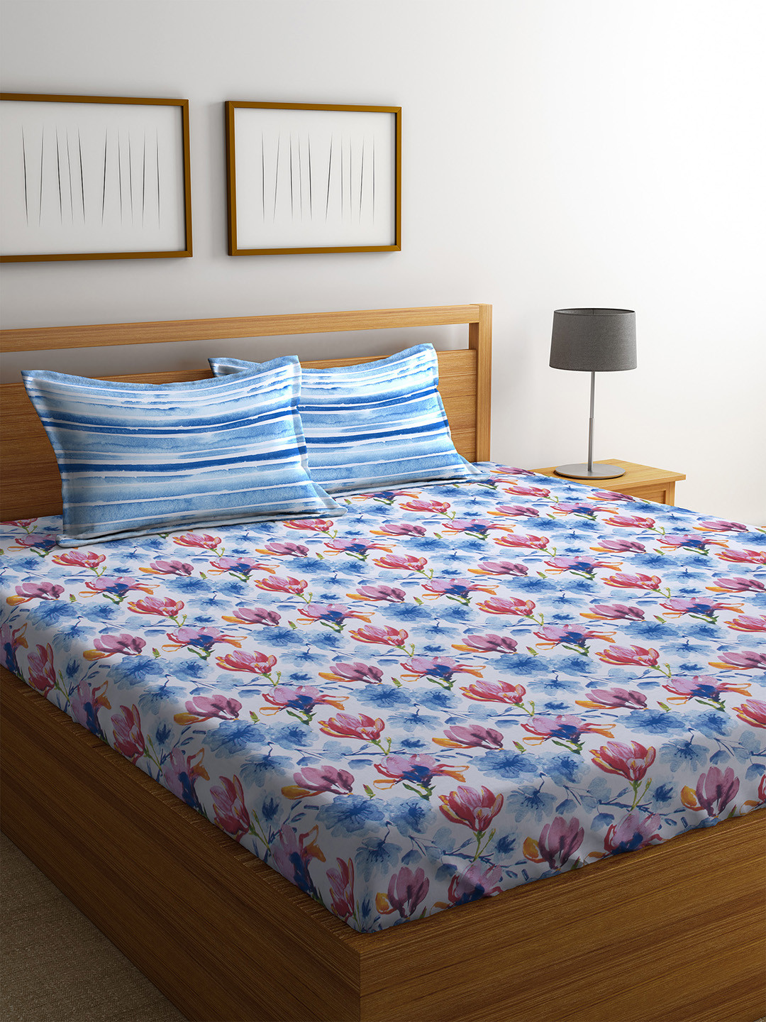 Buy Trident Multicoloured Cotton 144 TC Double Queen Bedsheet With 2