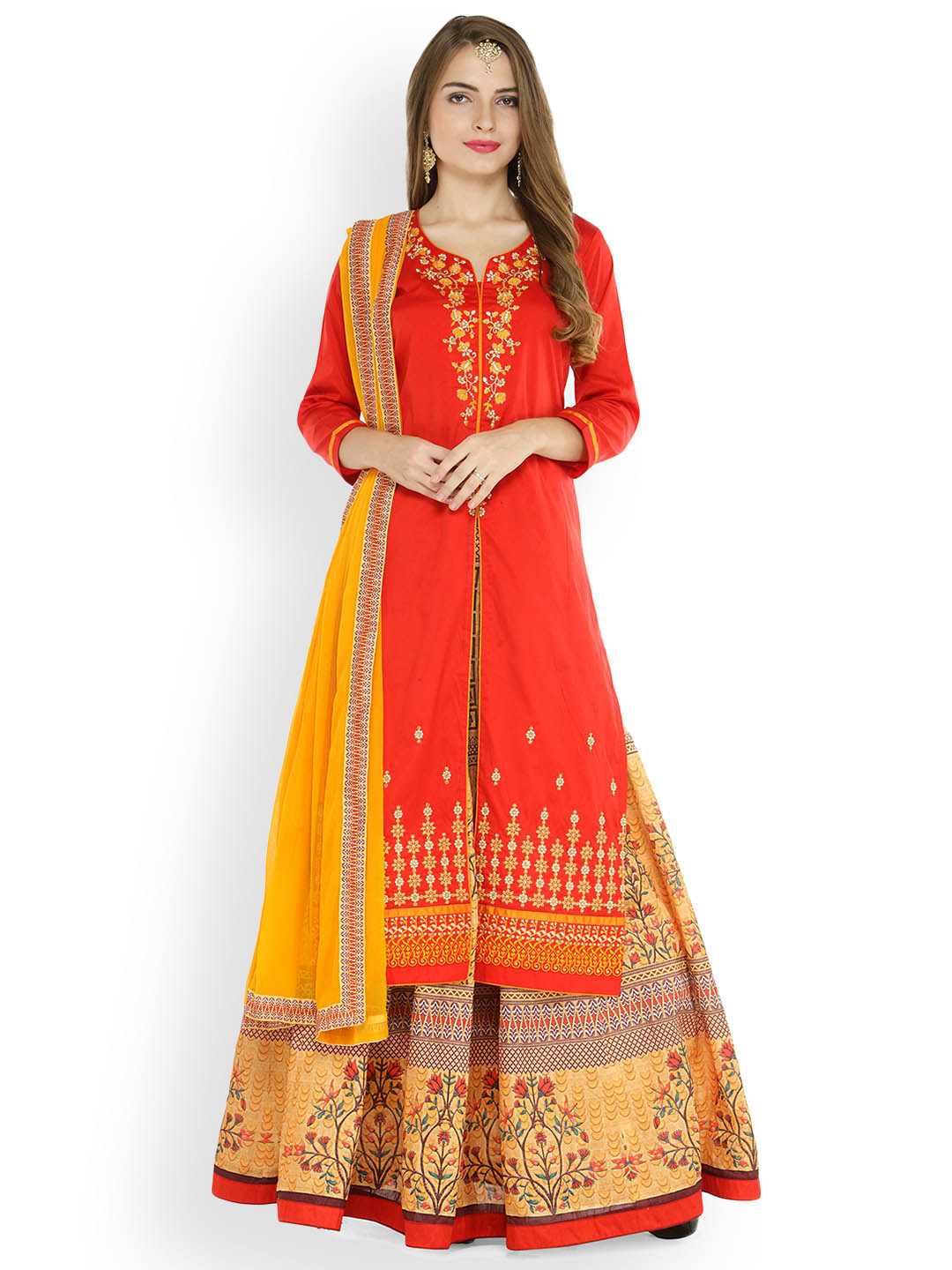 Buy Kvsfab Orange & Yellow Silk Blend Semi Stitched Dress Material