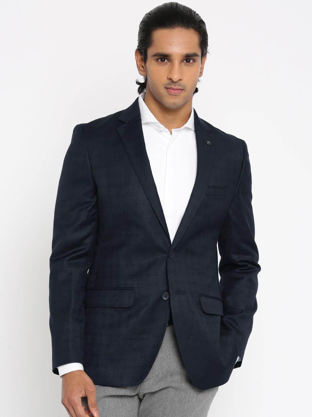 Buy Raymond Men Navy Slim Fit Checked Single Breasted Formal Blazer
