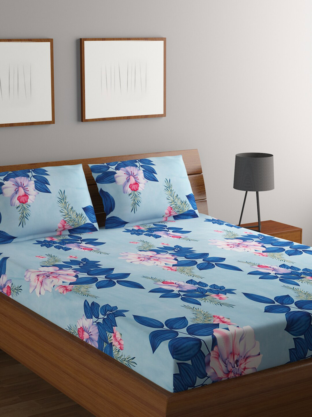 Buy BOMBAY DYEING Blue & Pink Floral 144 TC Flat Queen Bedsheet With 2