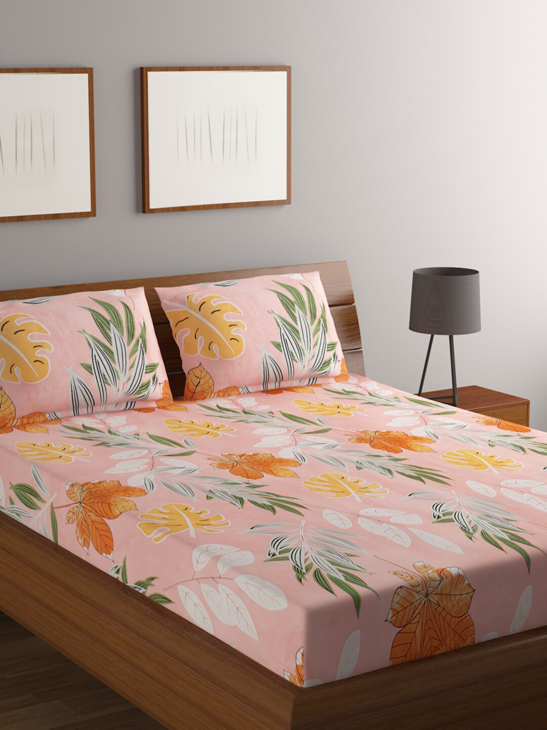 Buy BOMBAY DYEING Pink & Green Floral 164 TC Flat Queen Bedsheet With 2