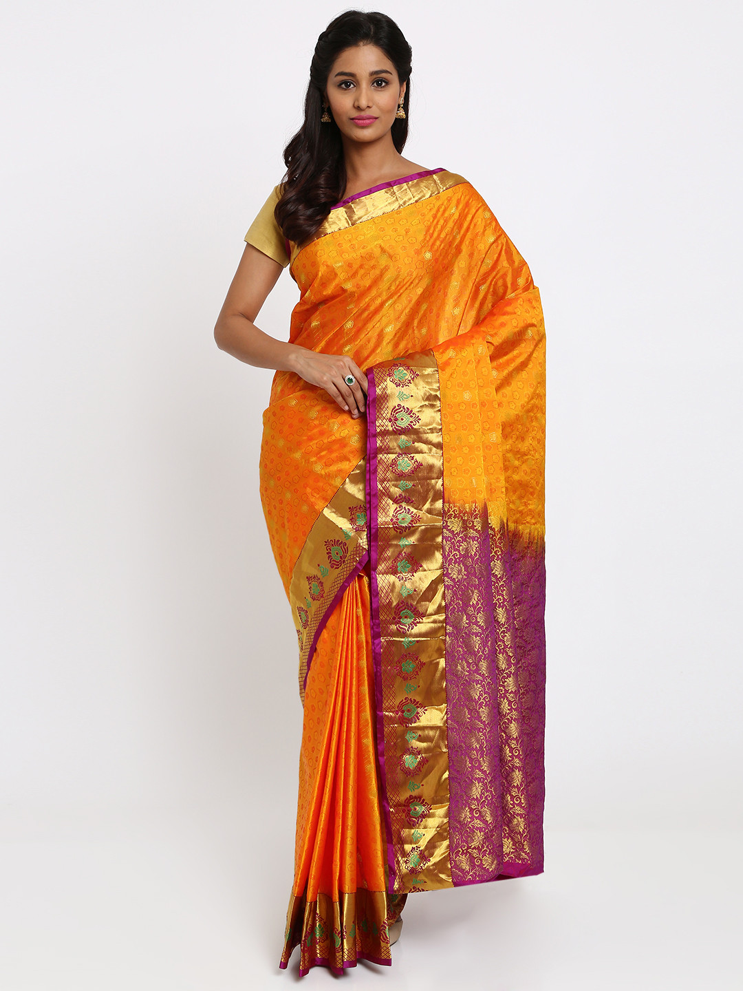 Buy The Chennai Silks Yellow & Orange Pure Silk Woven Design Kanjeevaram Handloom Saree Sarees
