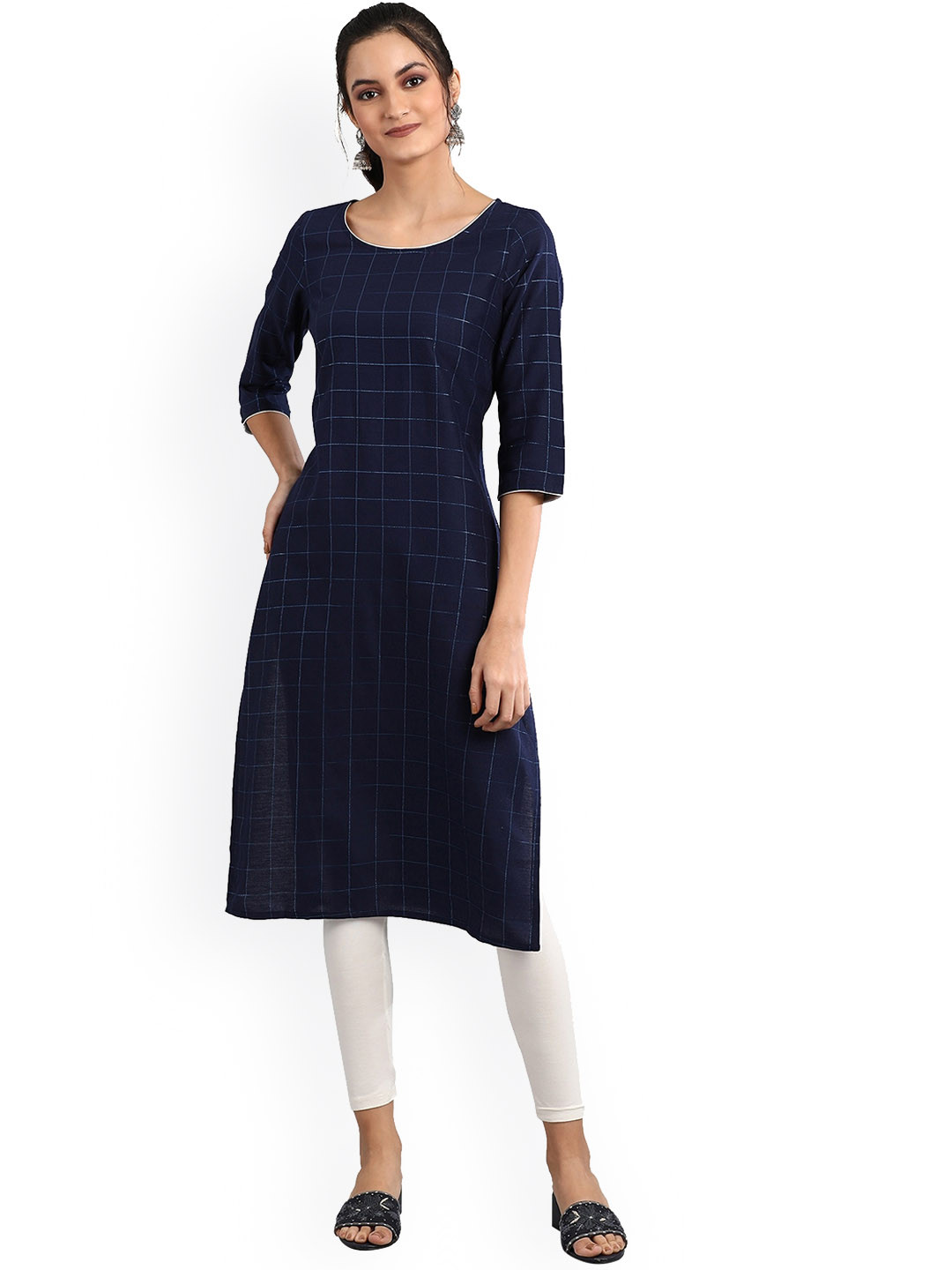 Buy AURELIA Checked Zari Work Straight Kurta Kurtas for Women