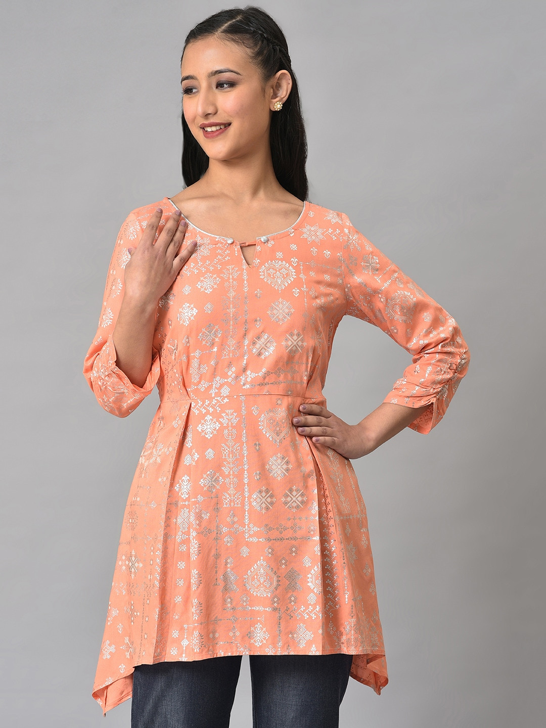 Aurelia Donna Kurti Corto Floreale Grigio - Silhouette A-Line Con Maniche Elasticizzate