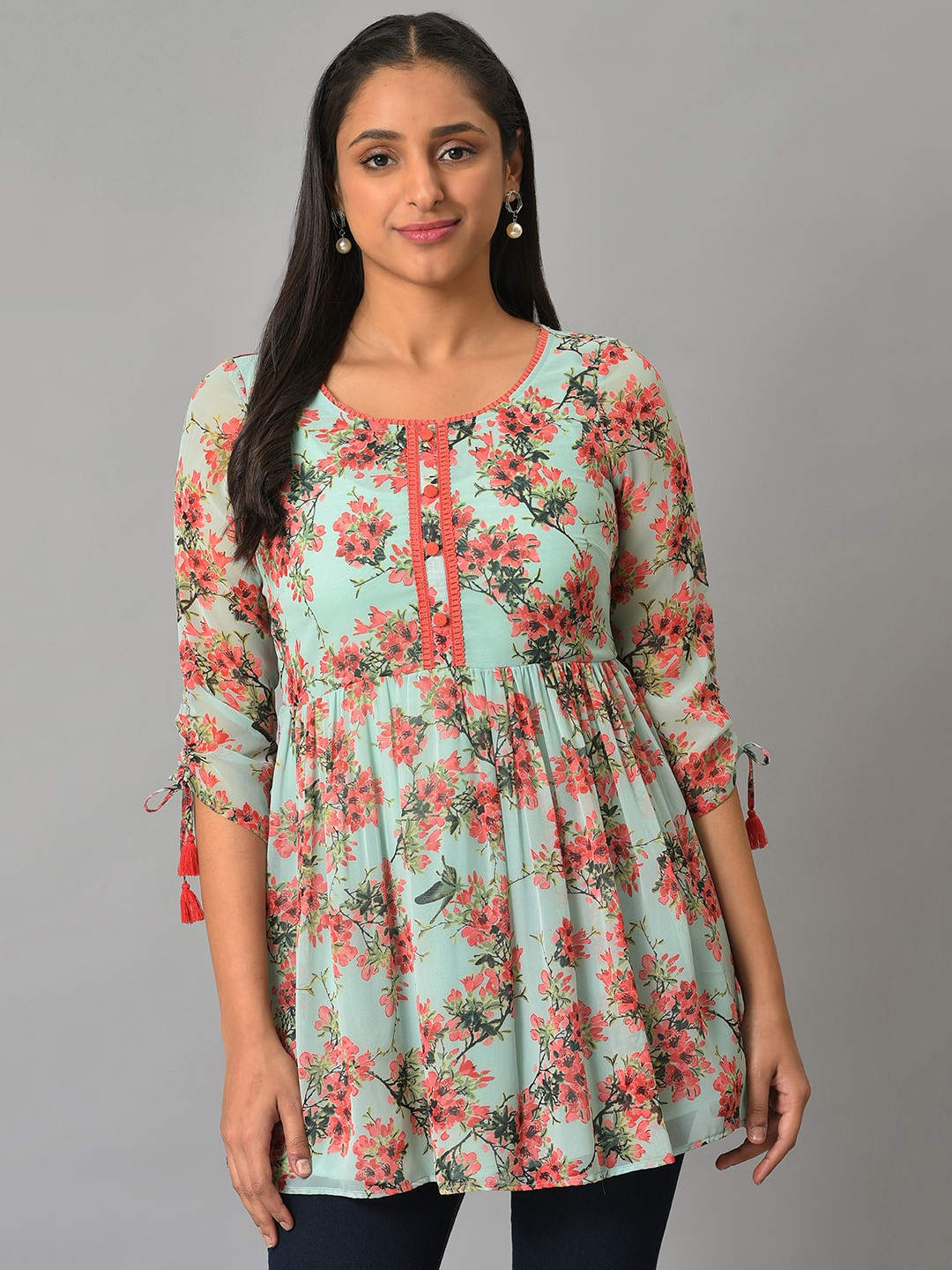 Aurelia Donna Kurti Corto Floreale Grigio - Silhouette A-Line Con Maniche Elasticizzate