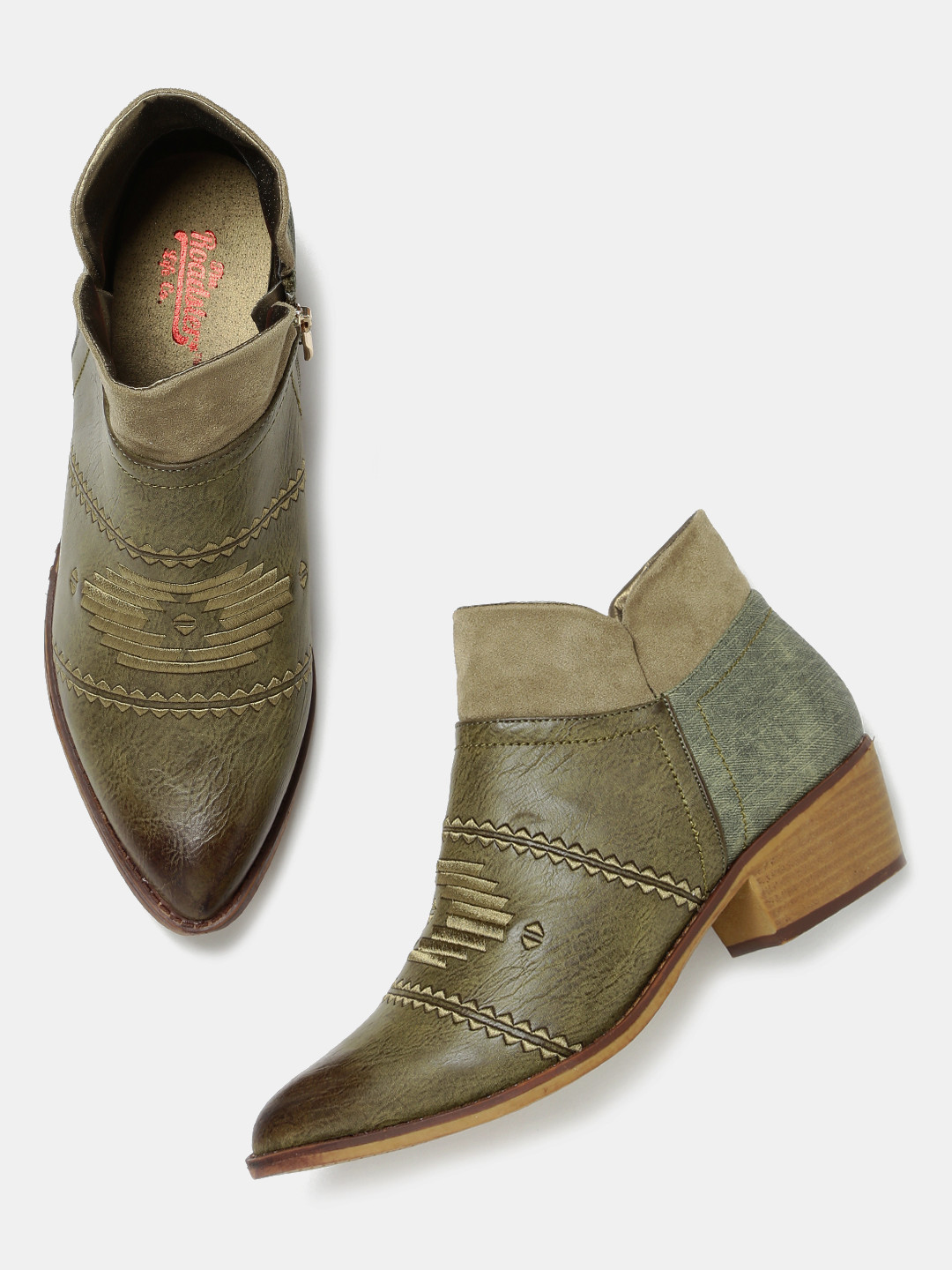 Buy Roadster Women Olive Green Woven Design Heeled Boots Boots for