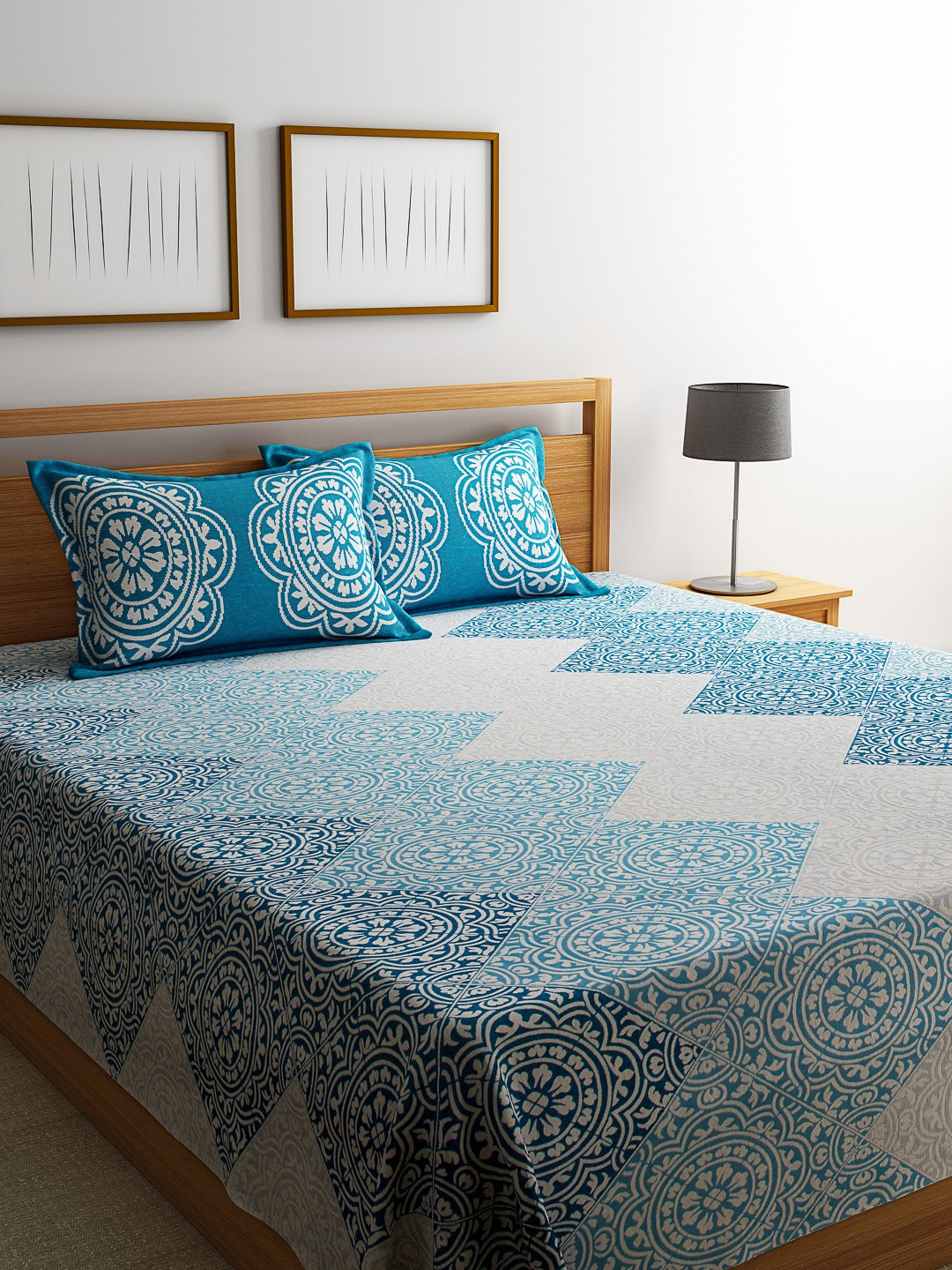 Buy ROMEE Turquoise Blue Woven Design Polycotton Double Bed Cover With