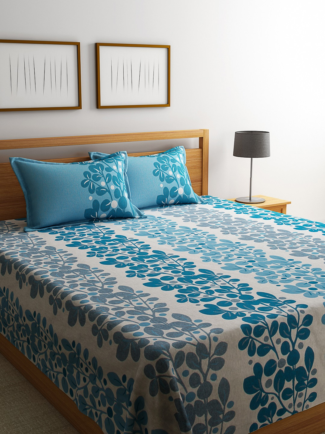 Buy ROMEE Turquoise Blue Floral Polycotton Double Bed Cover With 2