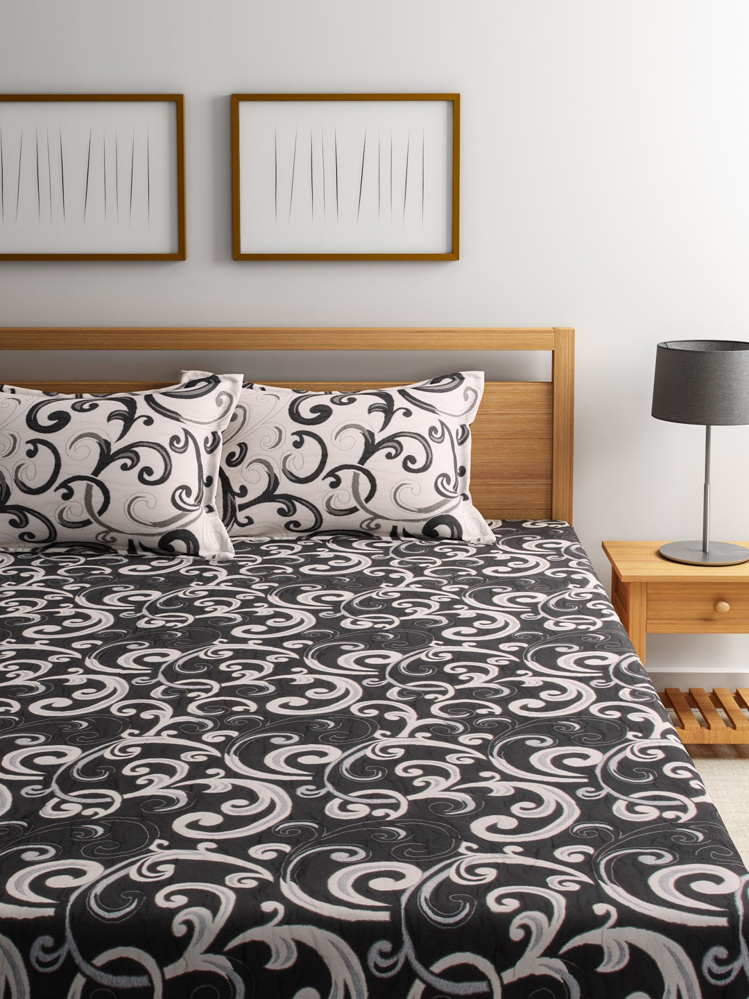 Buy ROMEE Black Woven Design Polycotton Double Bed Cover With 2 Pillow