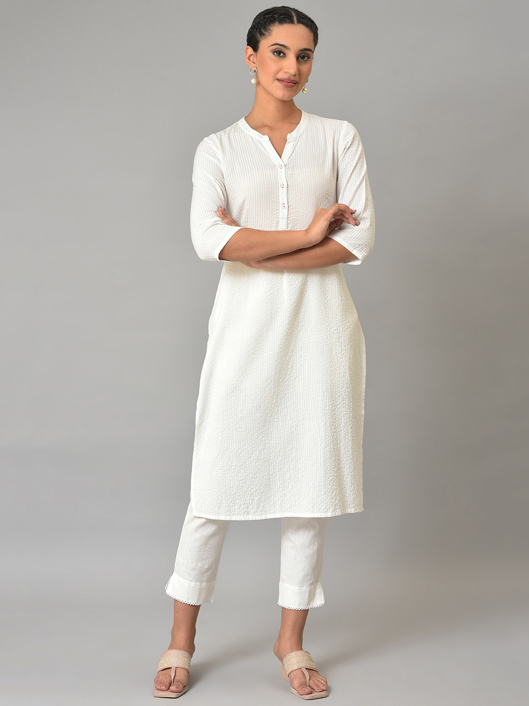 Buy AURELIA Striped Mandarin Collar Kurta Kurtas for Women 21969878