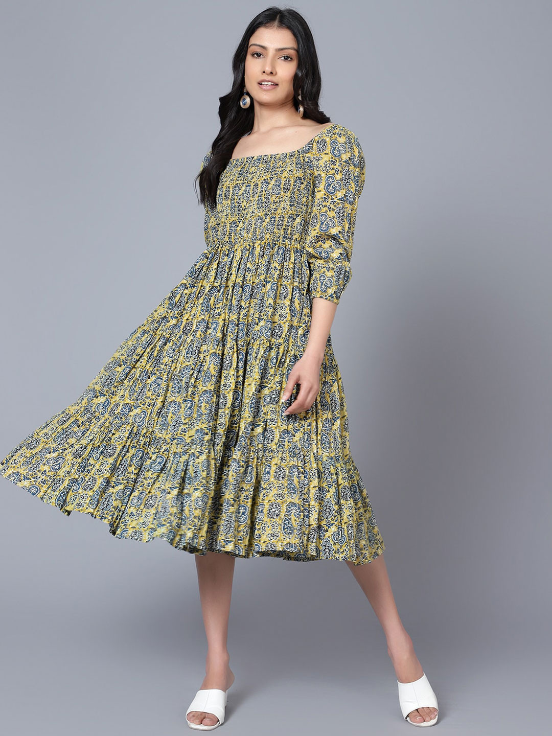 Bani Women's Printed Midi Dress - Festive & Party Dress With Mandarin Collar & Dupatta - View #6