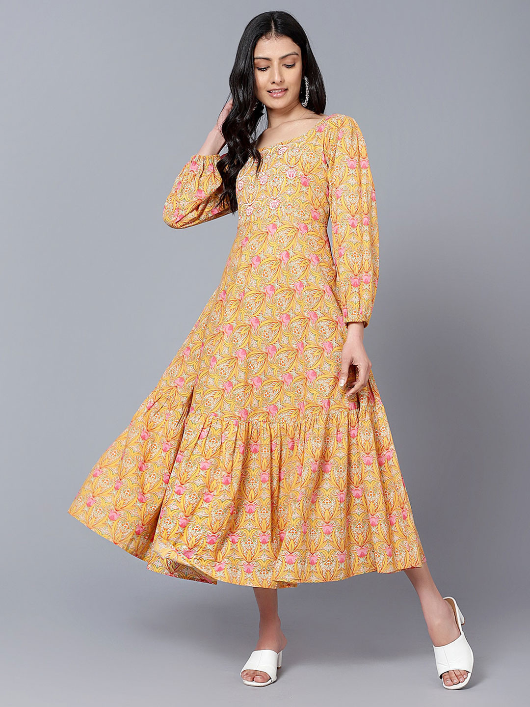 Bani Women's Printed Midi Dress - Festive & Party Dress With Mandarin Collar & Dupatta - View #2