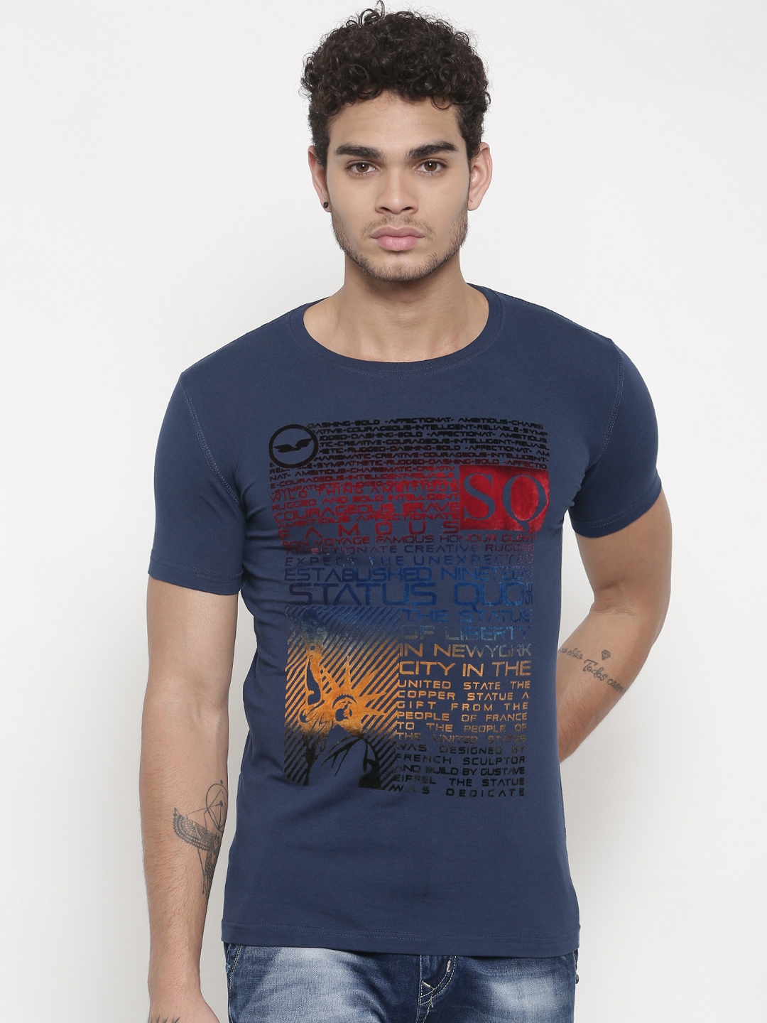 Buy Status Quo Men Blue Slim Fit Printed Round Neck T Shirt Tshirts