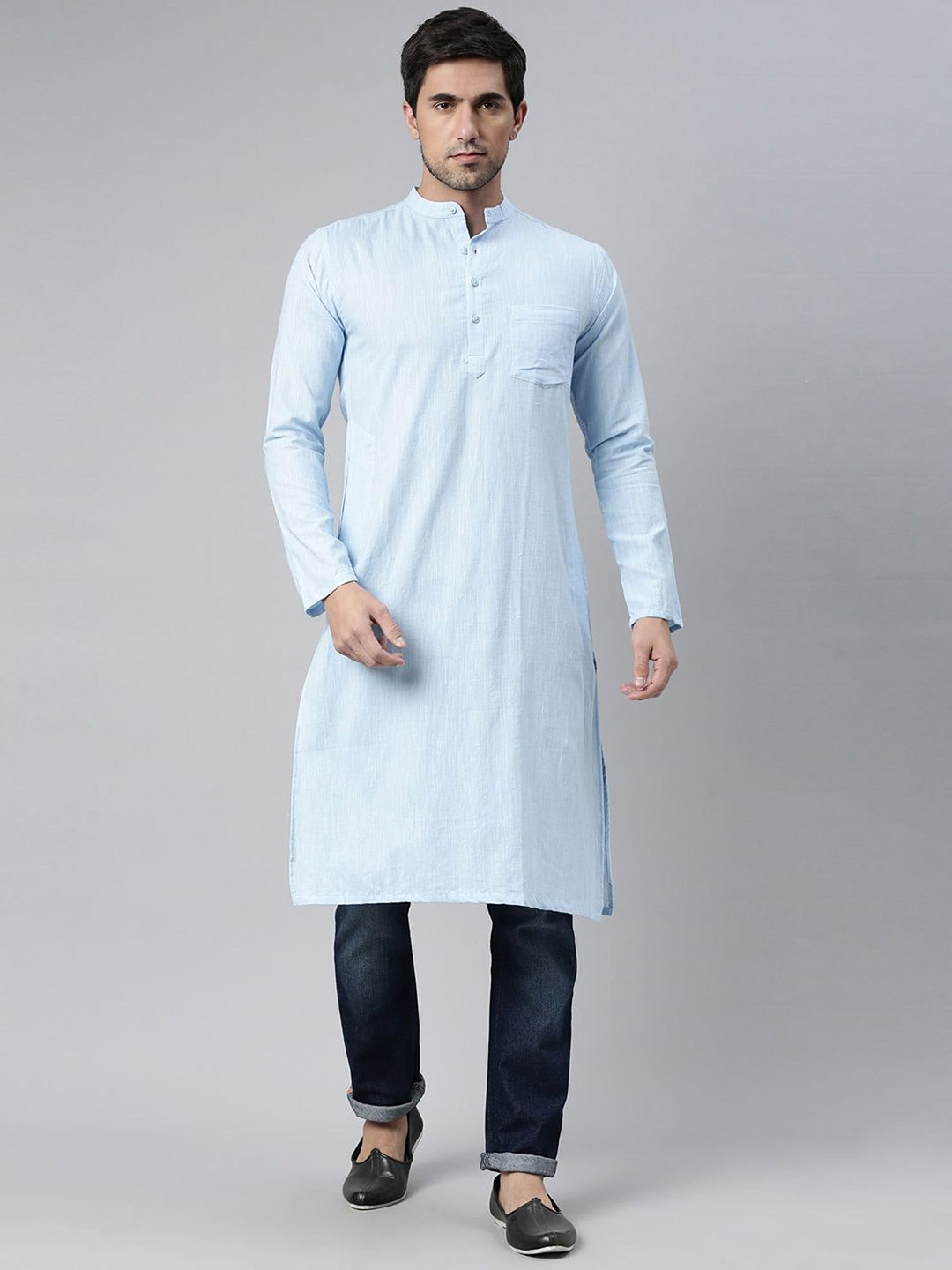 Buy Kryptic Long Sleeves Mandarin Collar Straight Cotton Kurta Kurtas