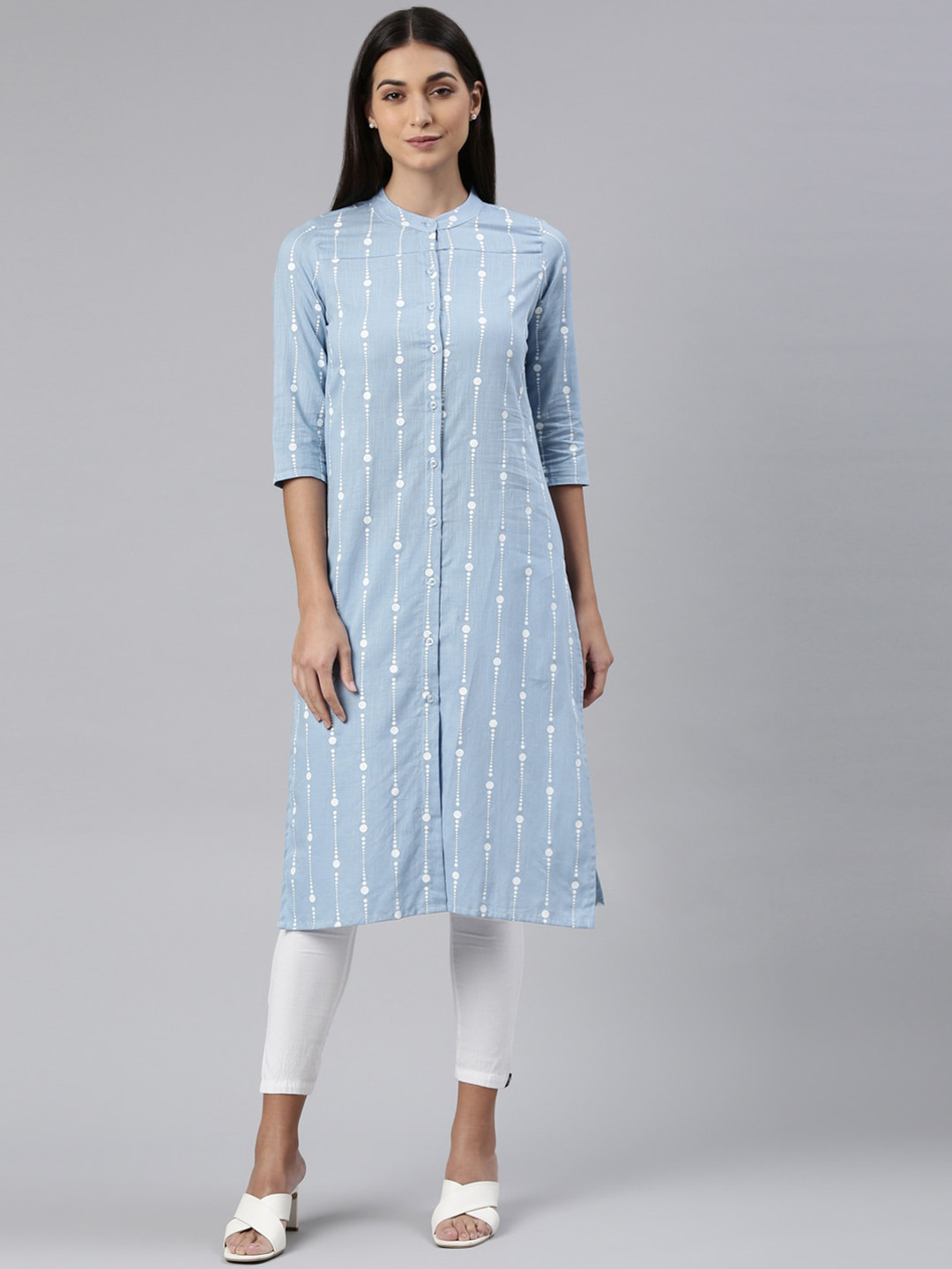 Buy Kryptic Striped Band Collar Straight Cotton Kurta Kurtas for