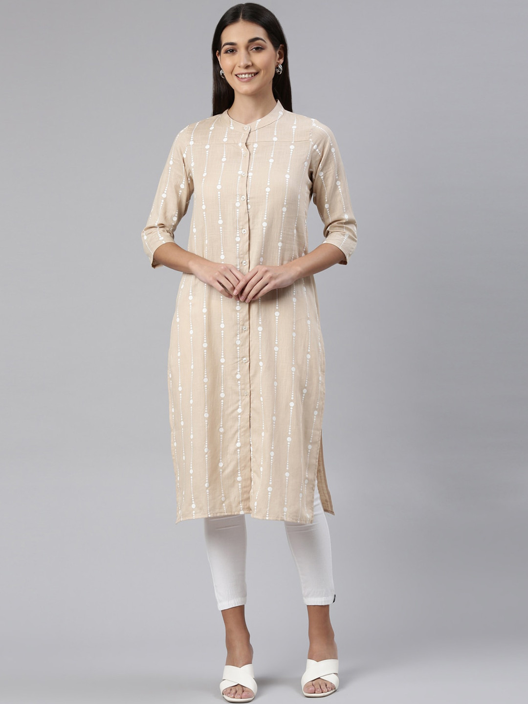 Buy Kryptic Striped Band Collar Straight Cotton Kurta Kurtas for