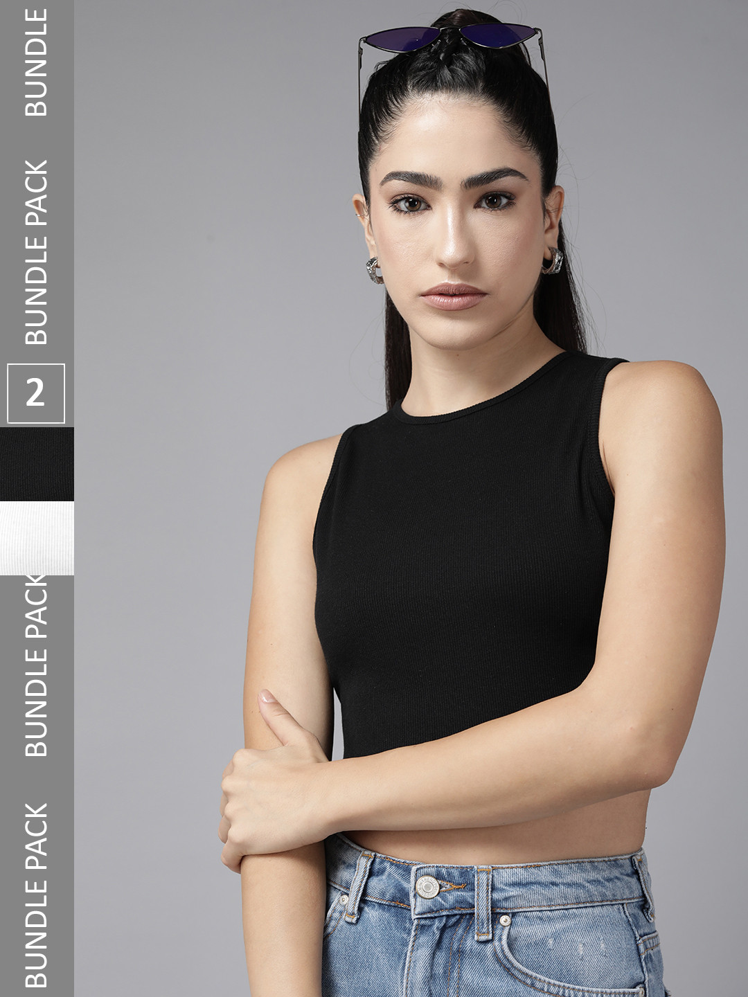 ASIMOON Womens Ribbed Knit Racerback Tank Crop Top - Black With Silver Trim, Sleeveless Scoop Neck
