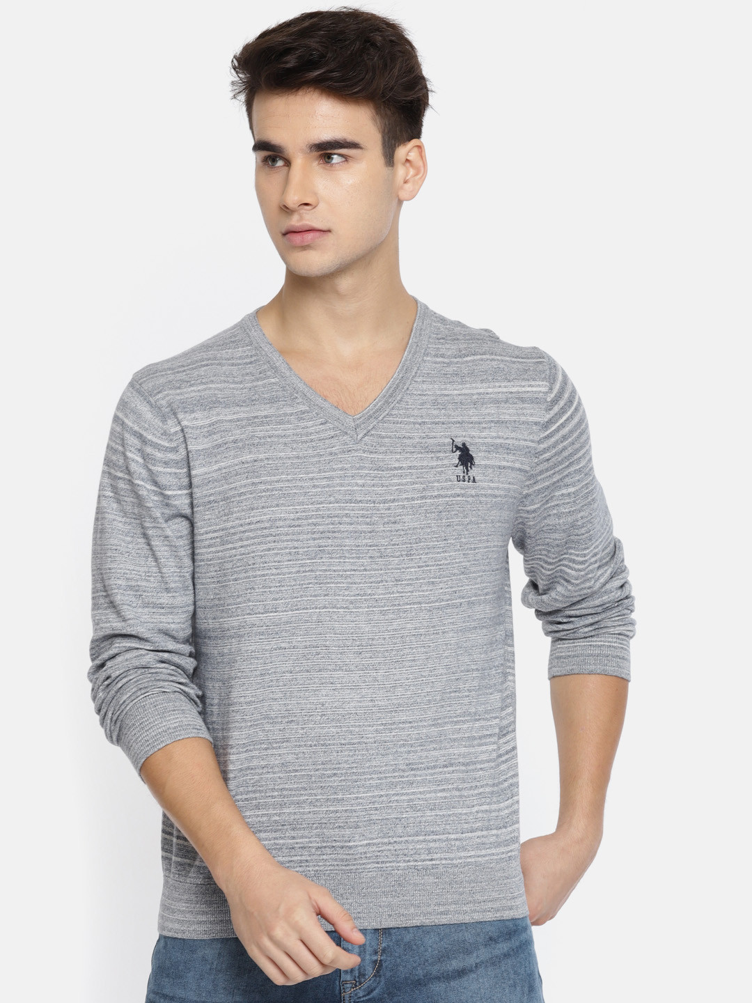 Buy U.S. Polo Assn. Men Blue & Grey Self Striped Pullover - Sweaters for Men 2198264 | Myntra