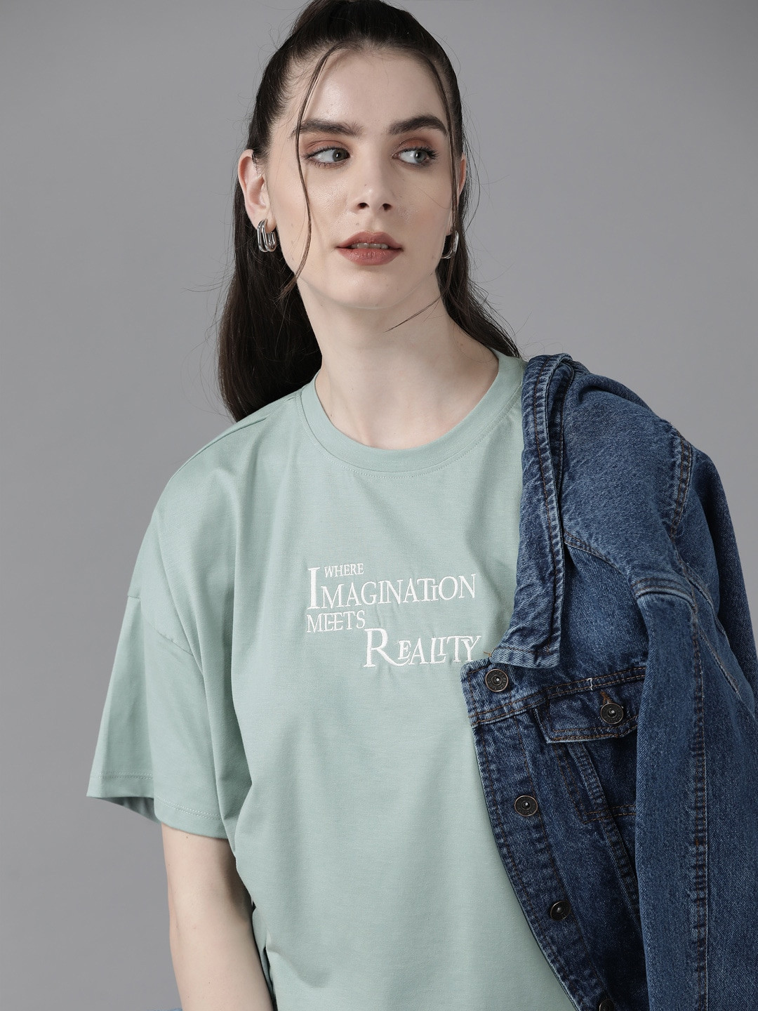 Women's Pink Typography Printed Drop Shoulder Sleeves Slim Fit T-shirt