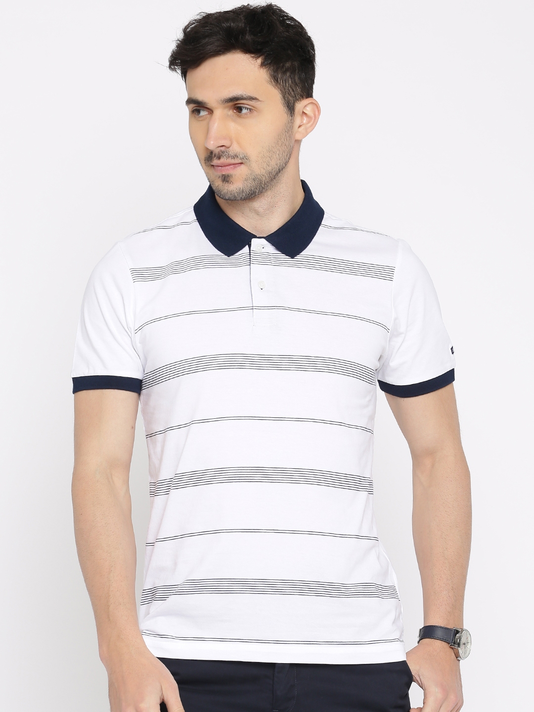 Buy Arrow Sport Men White Striped & Navy Blue Polo Collar T Shirt ...