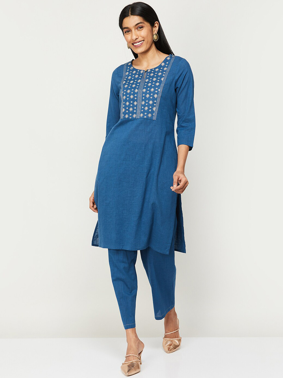 Mustard Embroidered Pure Cotton A-Line Kurta Trousers Set