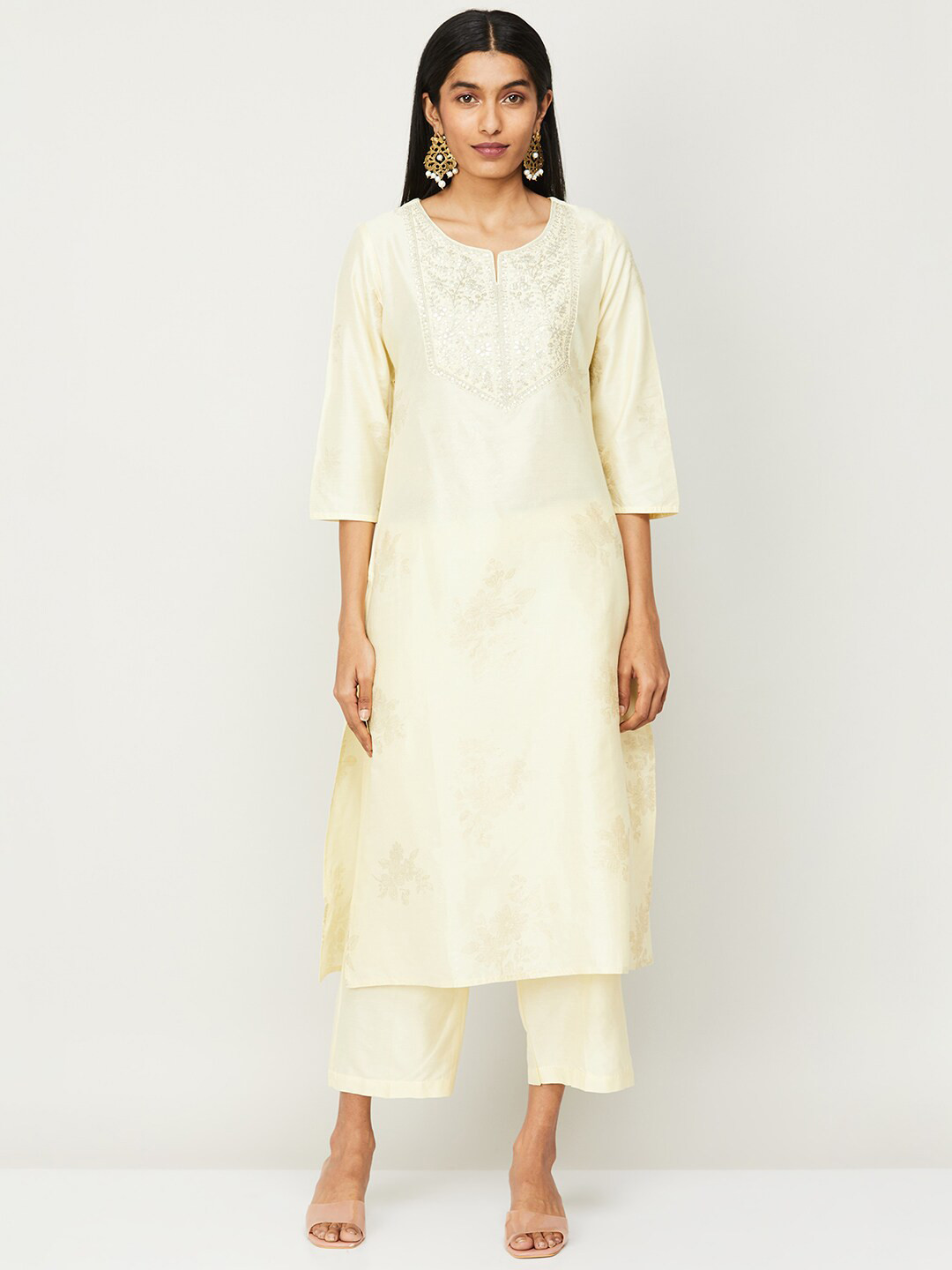 Brown Geometric Printed Sequins Straight Modal Kurta, Palazzos and Dupatta Set