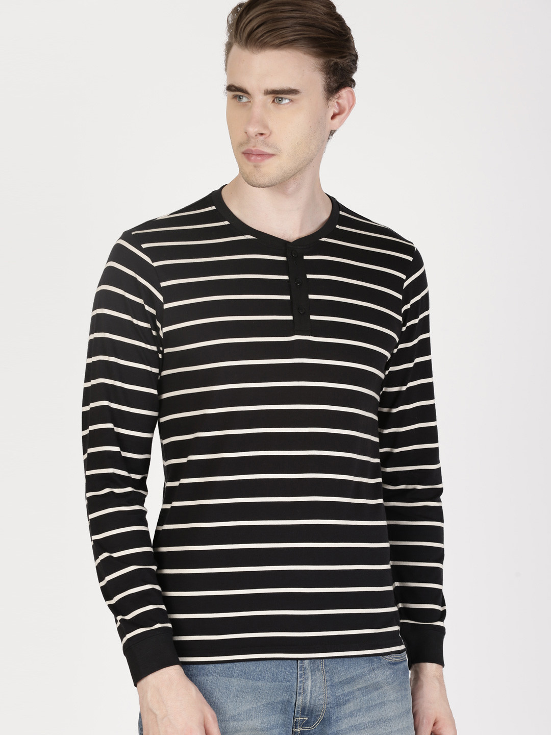 Buy Ether Men Black Striped Henley Neck Pure Cotton T Shirt Tshirts
