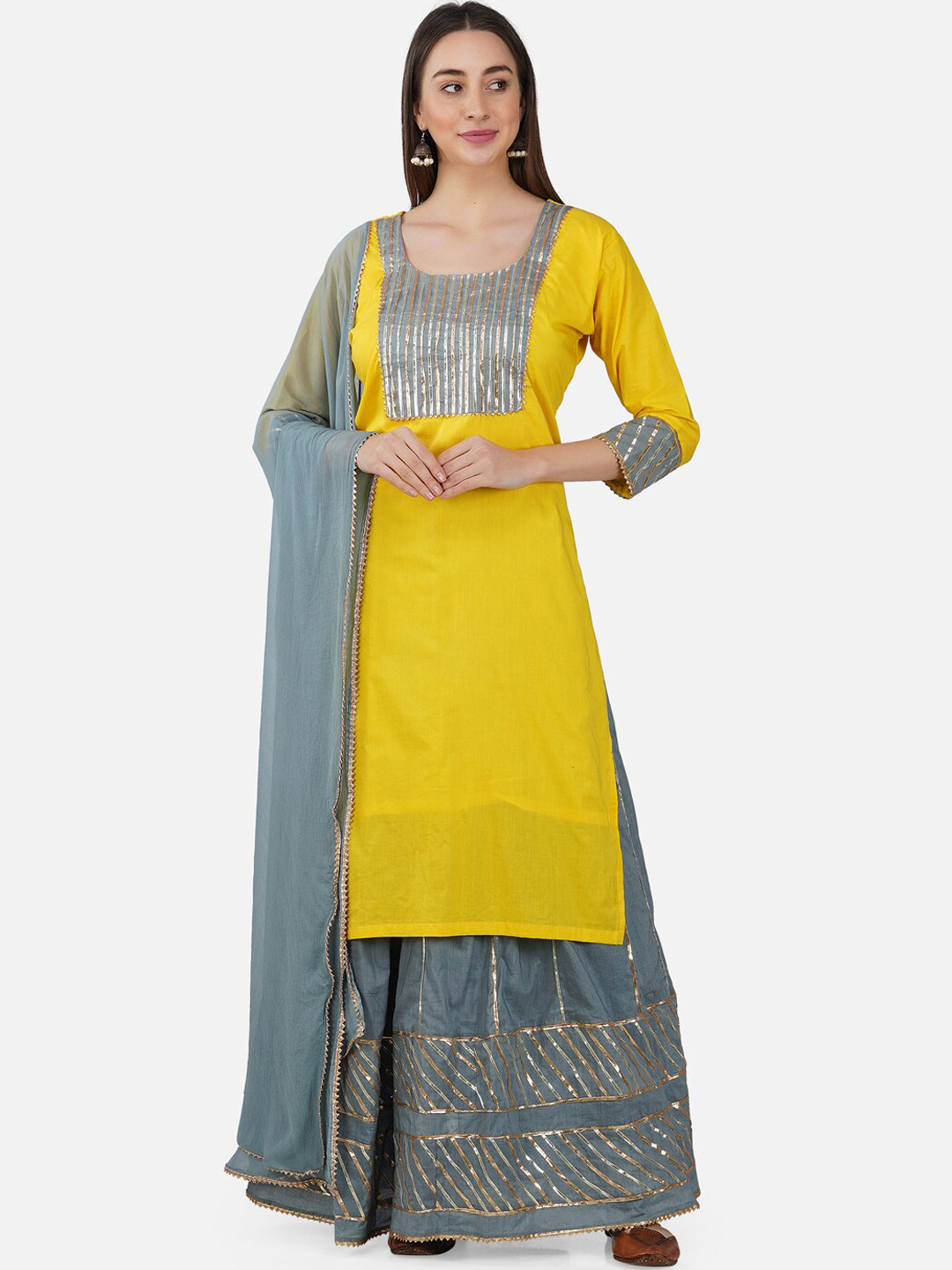 Women'S Grey Cotton Gotta Patti Work Anarkali Kurta Plus Size