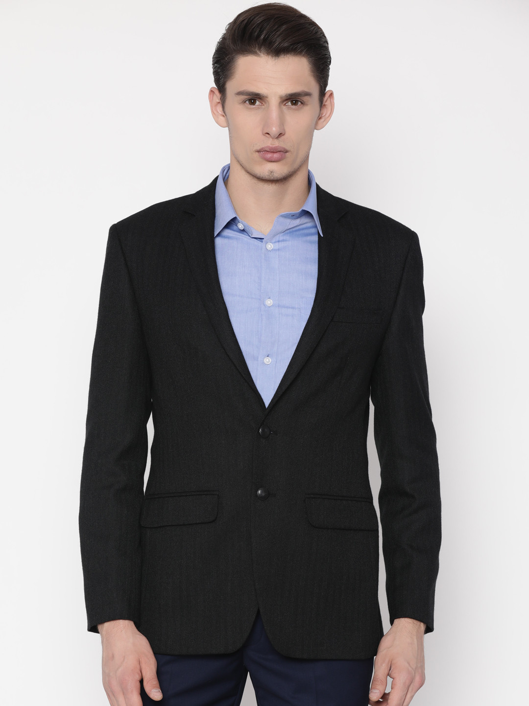 Park Avenue Men Navy Blue & Black Striped Super Slim Fit Single-Breasted Formal Blazer