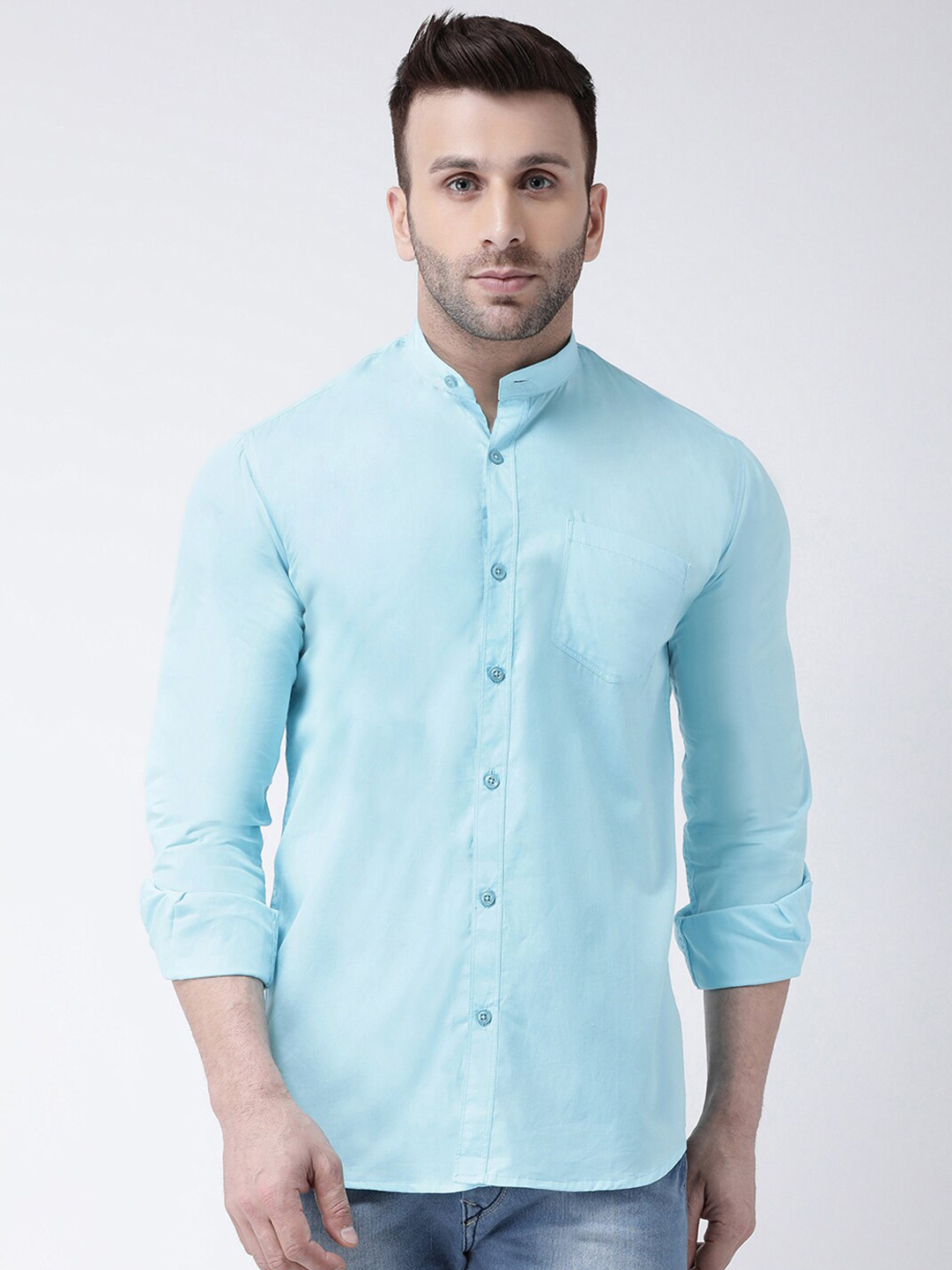 Men's Navy Blue Comfort Slim Fit Mandarin Collar Vertical Striped Cotton Casual Shirt