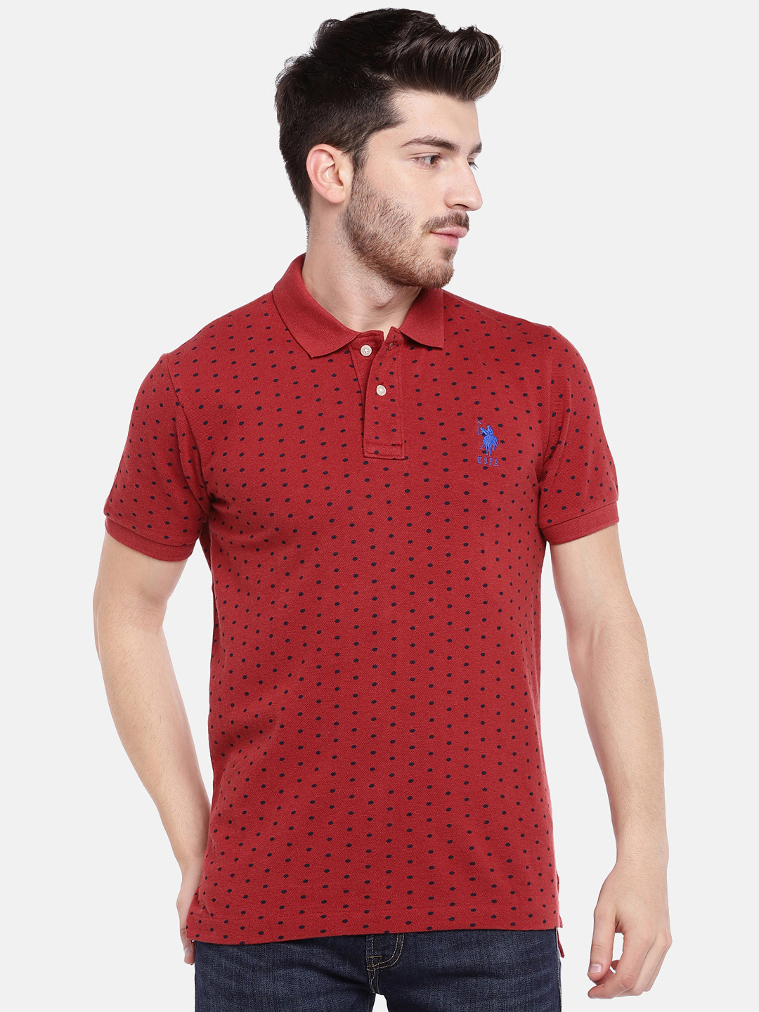 Buy U.S. Polo Assn. Men Red & Navy Printed Polo Collar T Shirt