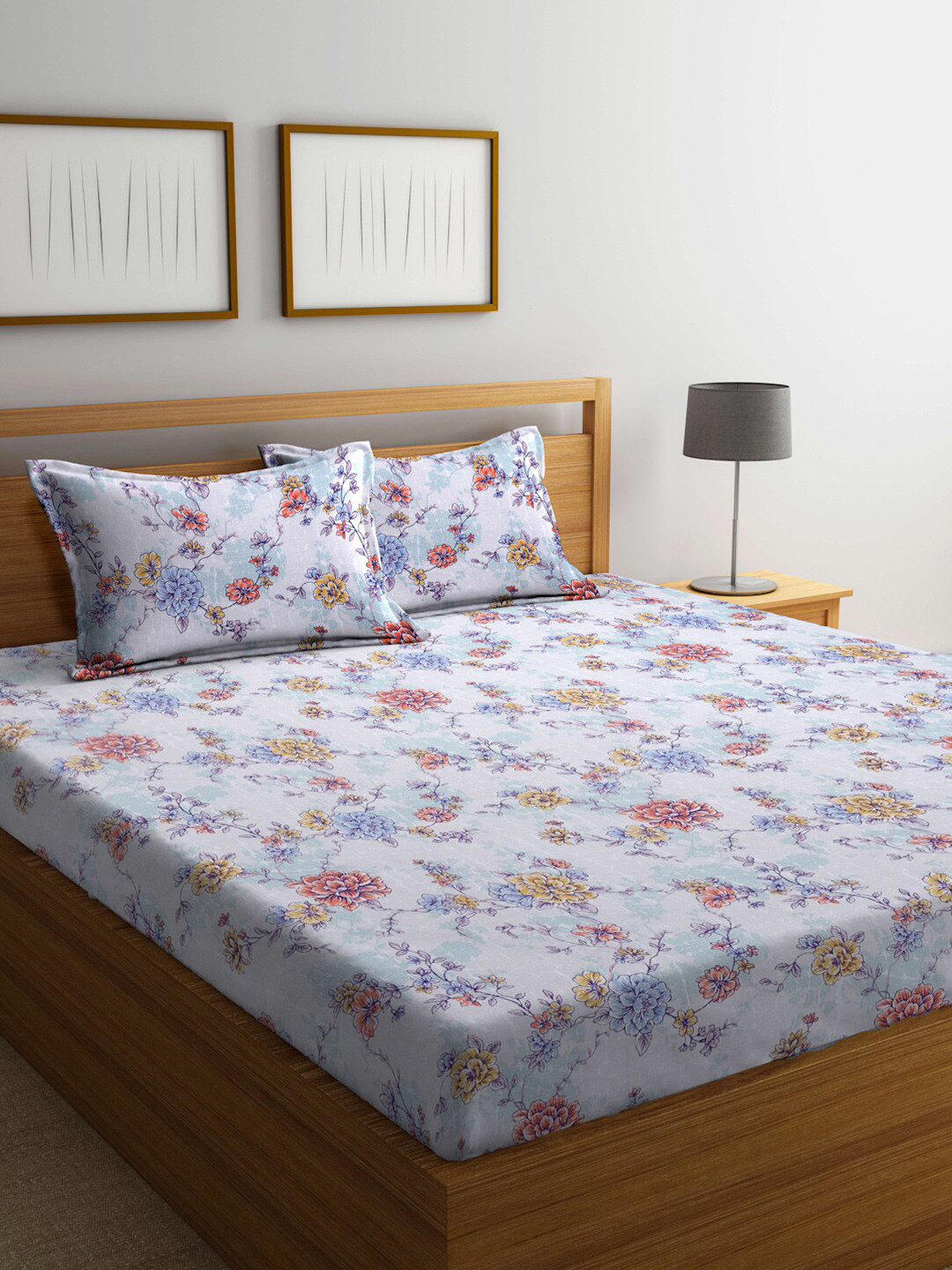 Buy BOMBAY DYEING 525B Grey & Red Floral 160 TC Flat Cotton King