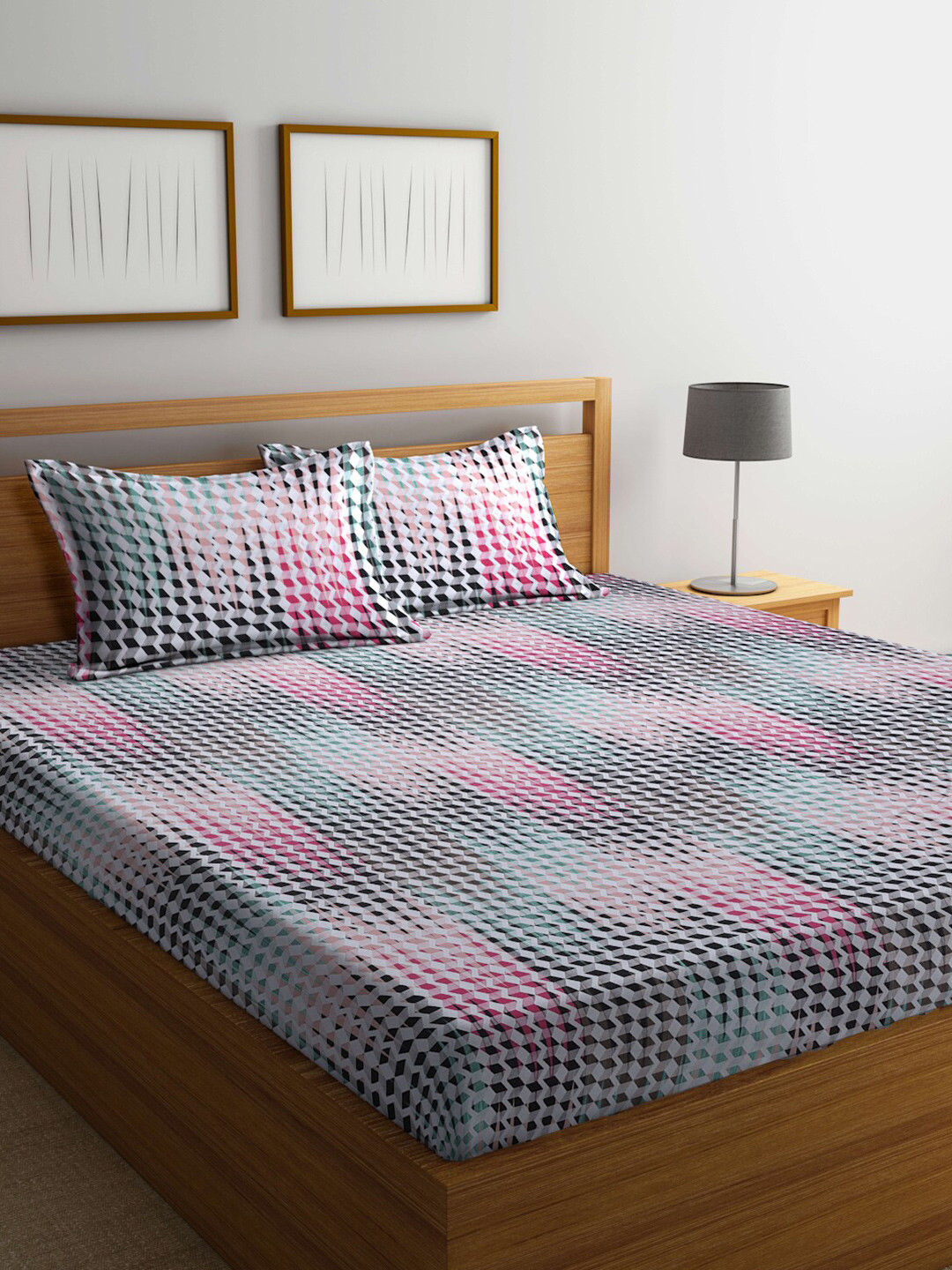 Buy BOMBAY DYEING Florentine Pink & White Geometric 144 TC Flat King