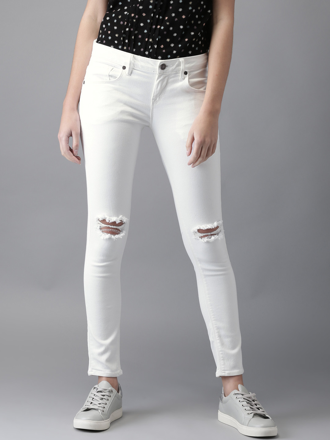 Buy HERE&NOW Women White Skinny Fit Mid Rise Slash Knee Stretchable